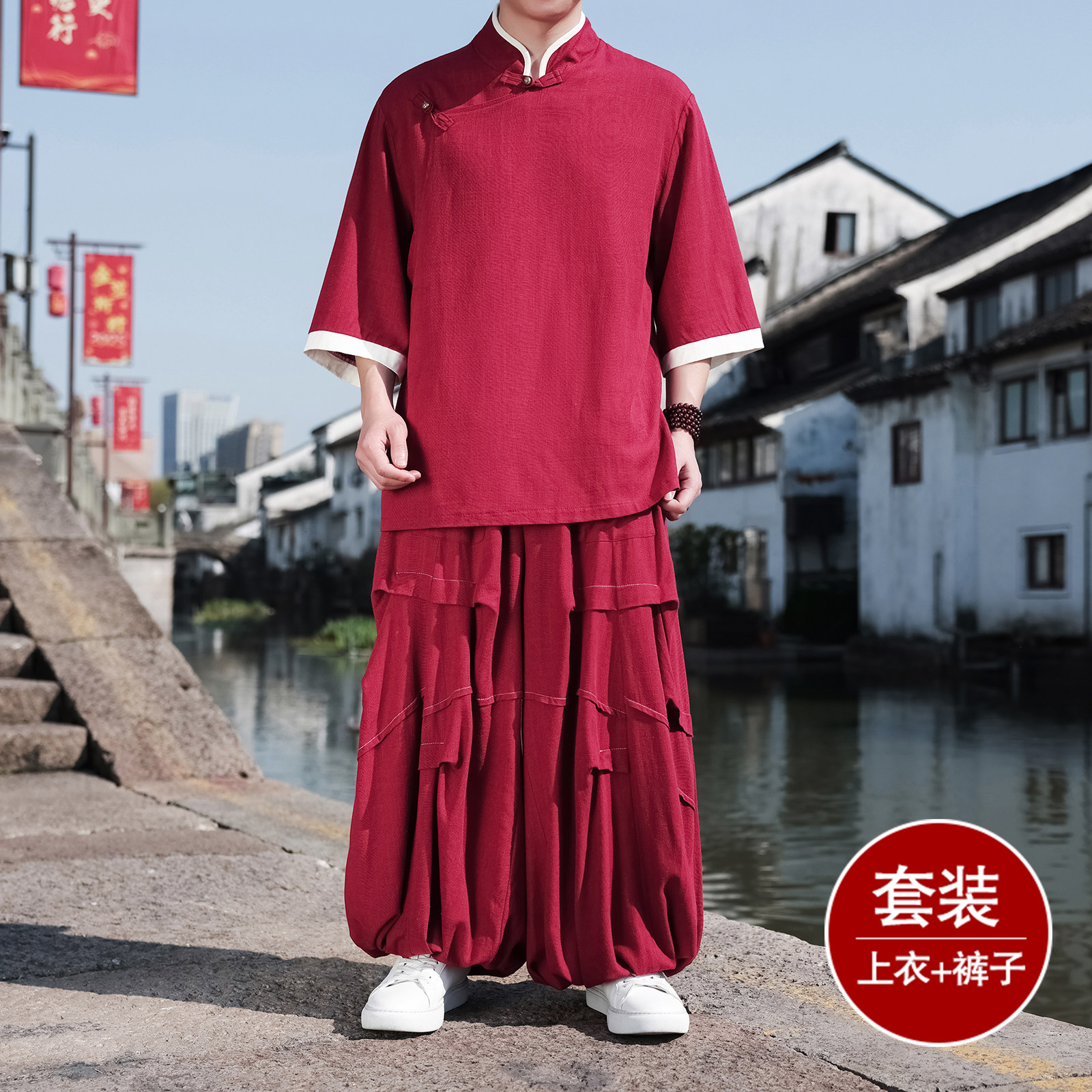 风Q斜襟棉麻衬衫中山装外套折褶阔腿裤套装男TZ170-P166控188,男装休闲套装,电商A005