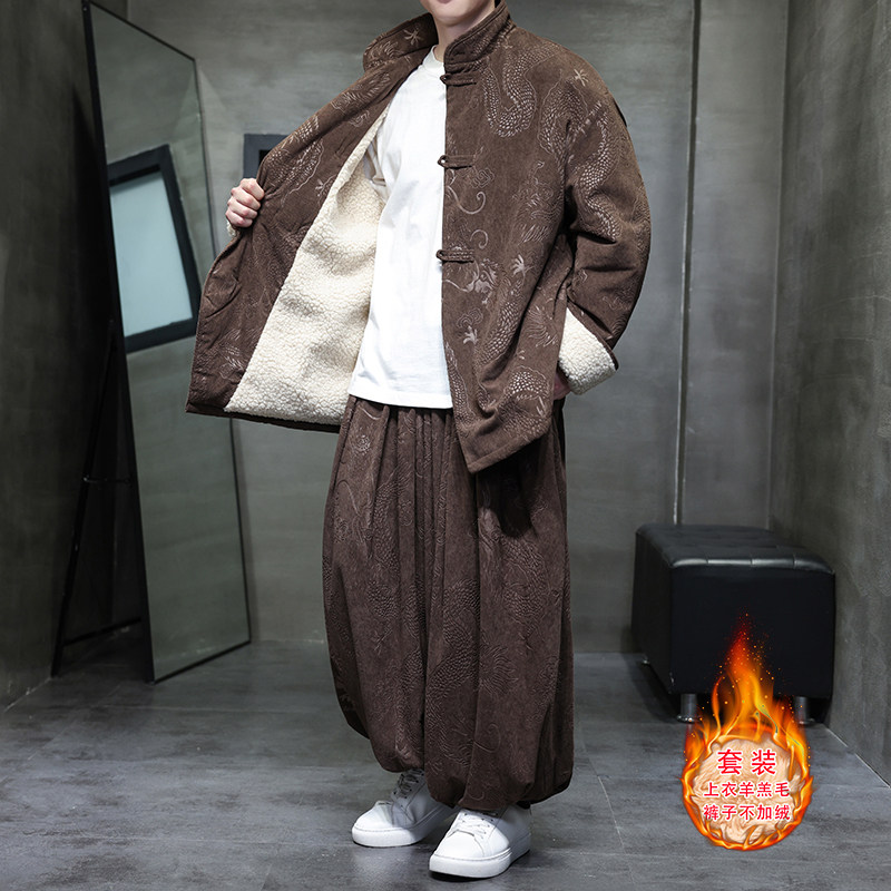 新中式A龙纹灯芯绒羊羔毛夹克棉衣服保暖套装男TZ131-P203控228,男装夹克,电商A005