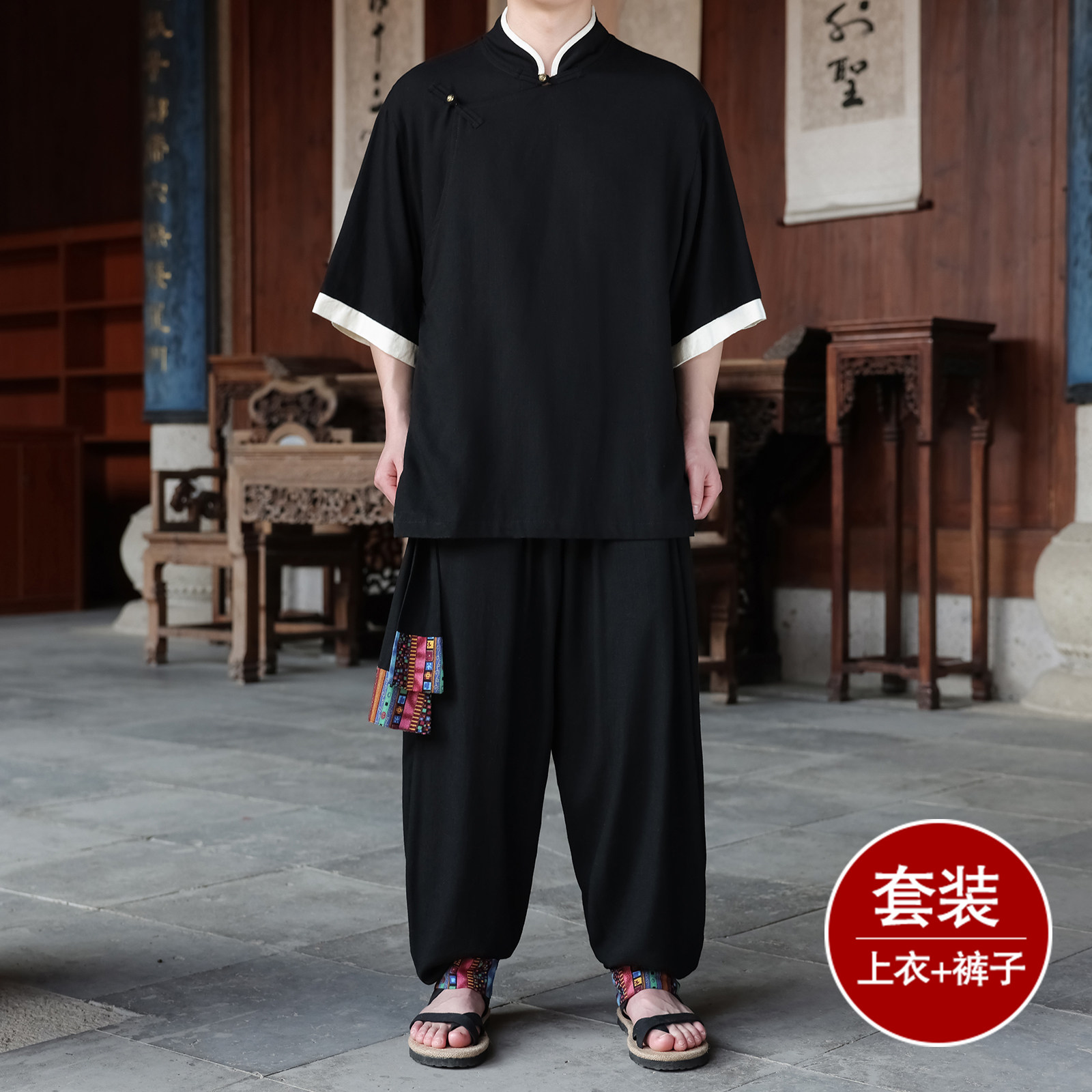斜襟盘扣C亚麻中袖衬衫民族风演出阔腿裤套装男TZ168-P163控198,男装休闲套装,电商A005