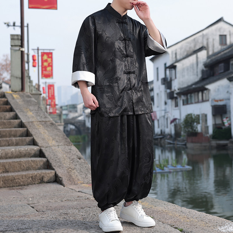 风C盘扣暗花龙纹冰丝衬衫萝卜裤套装男TZ159-P120控148,男装衬衫,电商A005