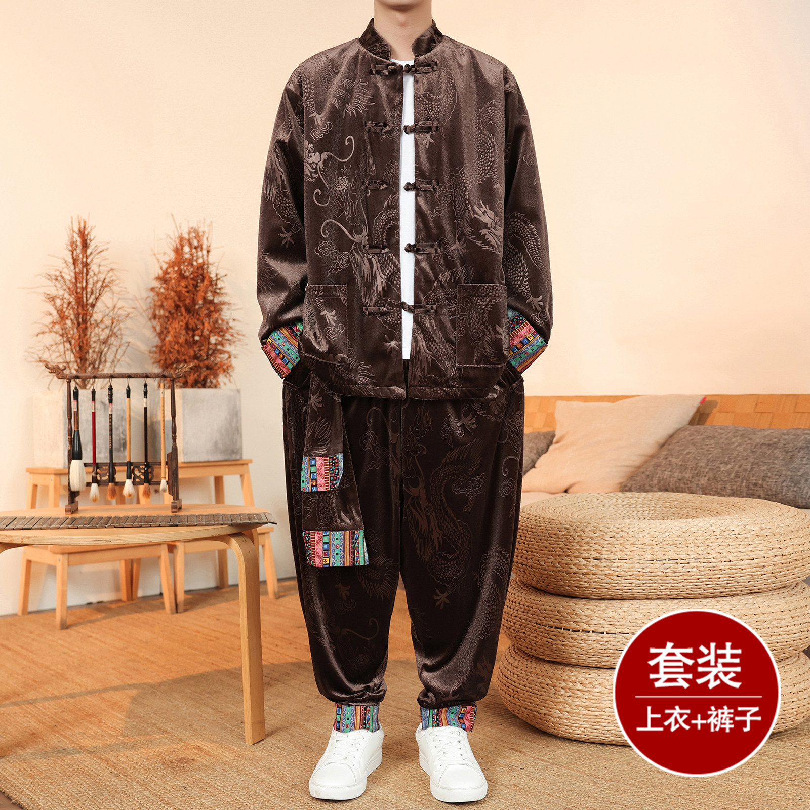 新中式K民族风金丝绒龙纹夹克舞蹈阔腿裤套装男TZ175-P143控168,男装休闲套装,电商A005