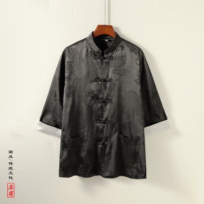 新中式G风盘扣暗花龙纹冰丝中山装衬衫外套男CS75-P65控78图片
