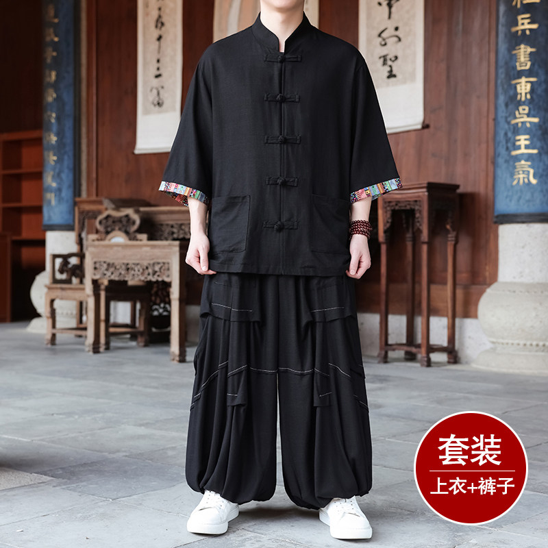 风F拼色棉麻衬衫外套折褶小众阔腿裤套装男TZ169-P153控178,男装休闲套装,电商A005