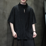 风A新中式风高领盘扣破洞镂空乞丐装冰丝t恤T35-P68控88，男装T恤，电商A005