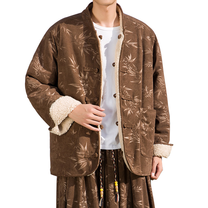 新中式B树叶灯芯绒羊羔毛加绒加厚双面穿棉服夹克JK15-P135控158,男装夹克,电商A005