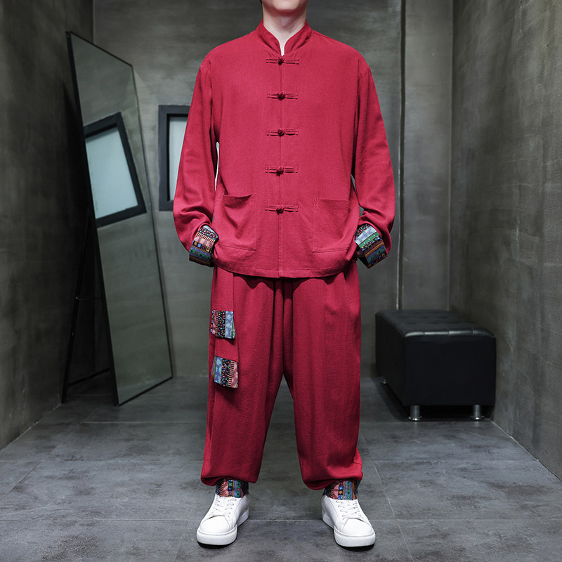 风J盘扣亚麻棉麻衬衫夹克外套大裤裆套装男TZ136-P150控178,男装夹克,电商A005
