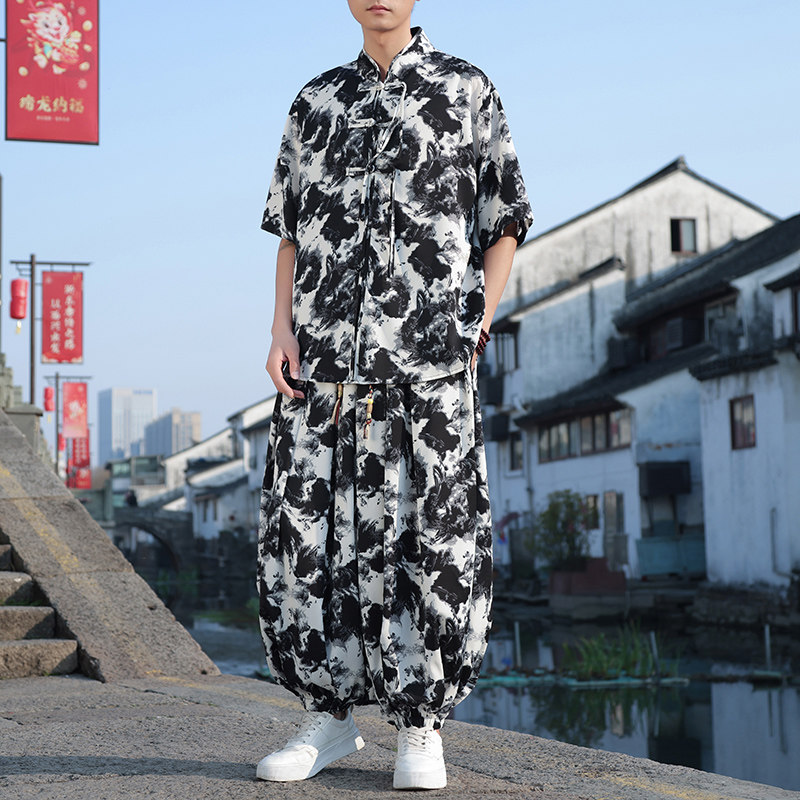 新中式B小众盘扣扎染水墨冰丝衬衫男灯笼裤套装TZ72-P130控158图片