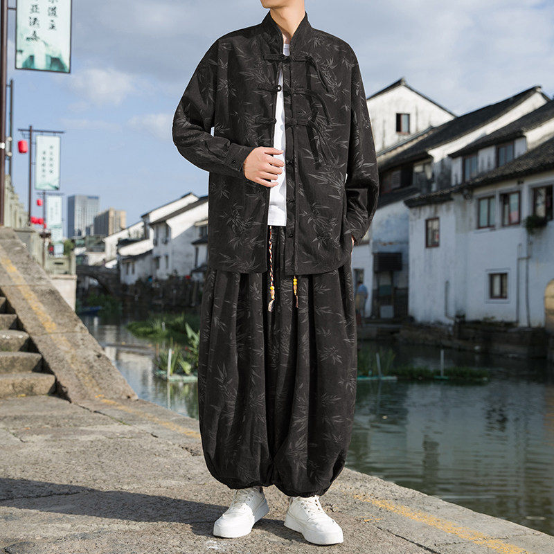 新中式风A树叶灯芯绒夹克衬衫束脚裤套装男TZ39-P136控158,男装T恤,电商A005