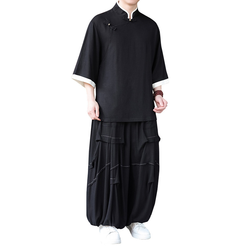 风A斜襟棉麻衬衫中山装外套折褶阔腿裤套装男TZ170-P166控188,男装衬衫,电商A005