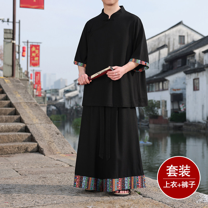 斜襟盘扣亚麻衬衫外套A民族风大桶裤套装男TZ158-P156控178,男装衬衫,电商A005
