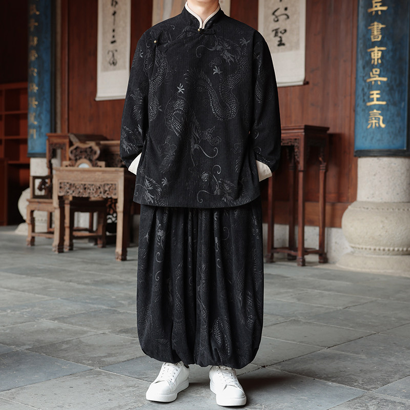 新中式W龙纹灯芯绒中山装夹克外套束脚裤套装男TZ132-P173控198,男装休闲套装,电商A005