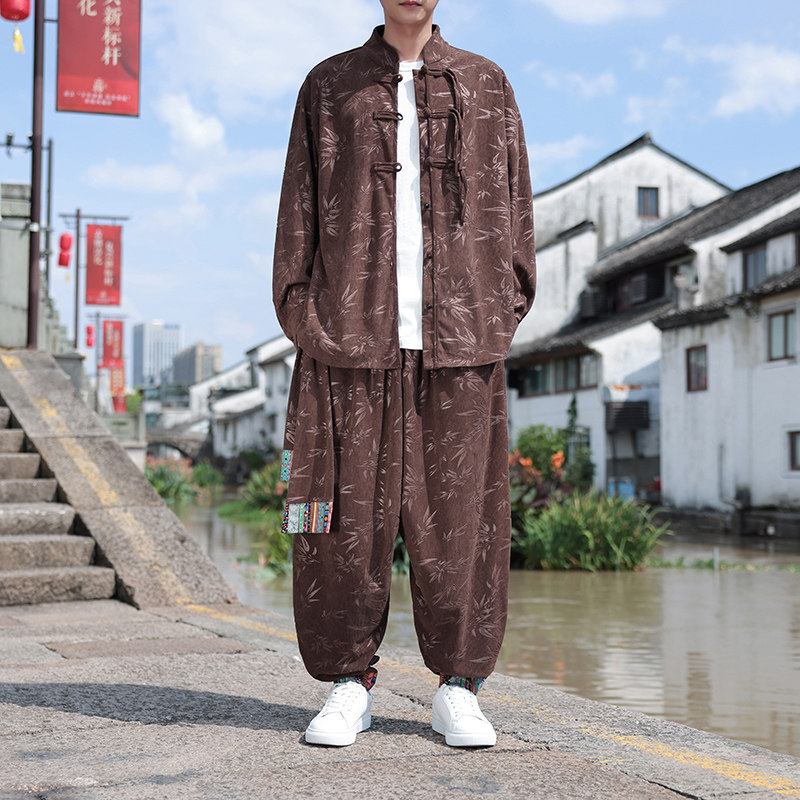 树叶暗花D灯芯绒衬衫夹克民族舞蹈束脚裤套装男TZ120-P136控158,男装T恤,电商A005