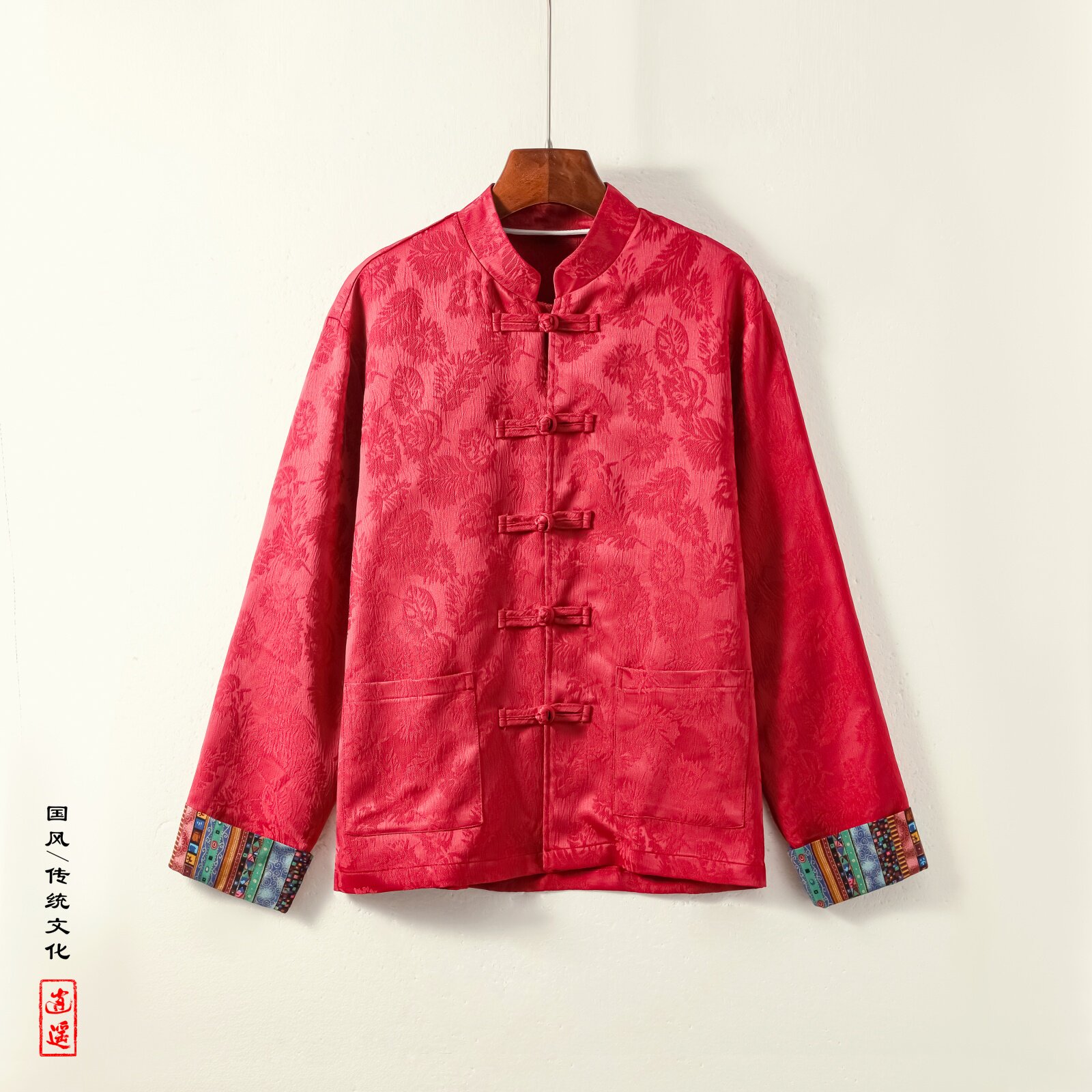 风红色衬衫春秋季高级感提花设计感盘扣唐装外套CS82-P68控88，男装衬衫，电商A005