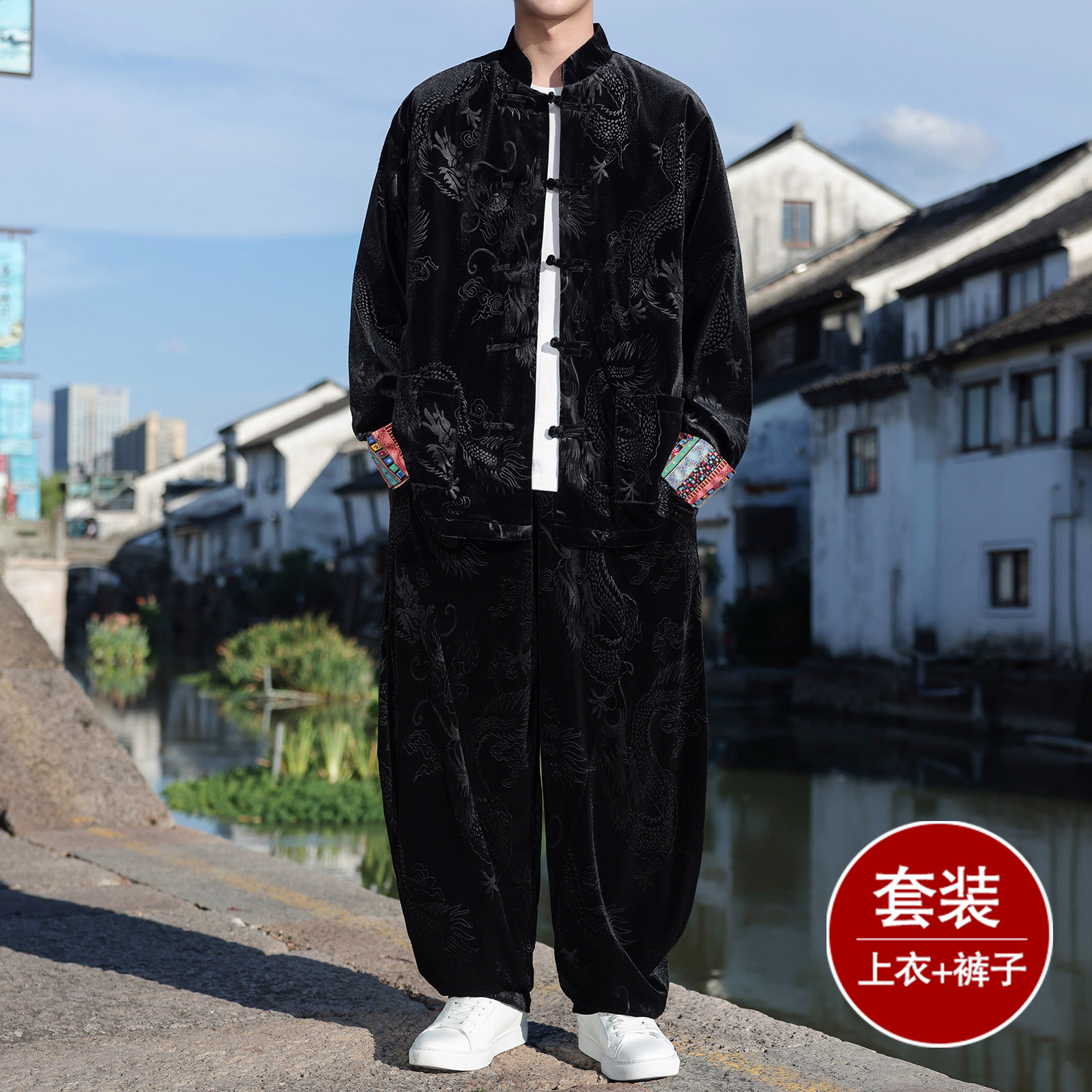 新中式E民族风金丝绒龙纹衬衫夹克外套阔腿裤男TZ173-P143控168图片