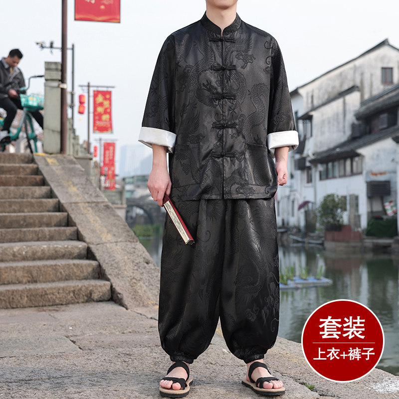 风C盘扣暗花龙纹冰丝衬衫萝卜裤套装男TZ159-P120控148图片