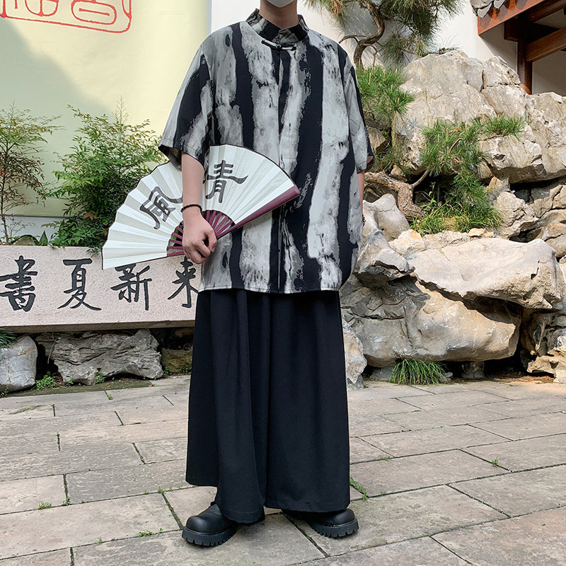 改良风B新中式水墨渐变条纹冰丝衬衫裙裤男套装TZ92-P126控148,男装衬衫,电商A005