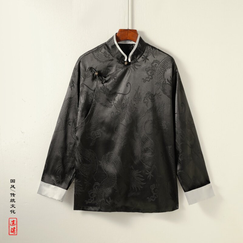 新中式风G盘扣龙纹冰丝中山装衬衫夹克外套男JK25-P65控78图片