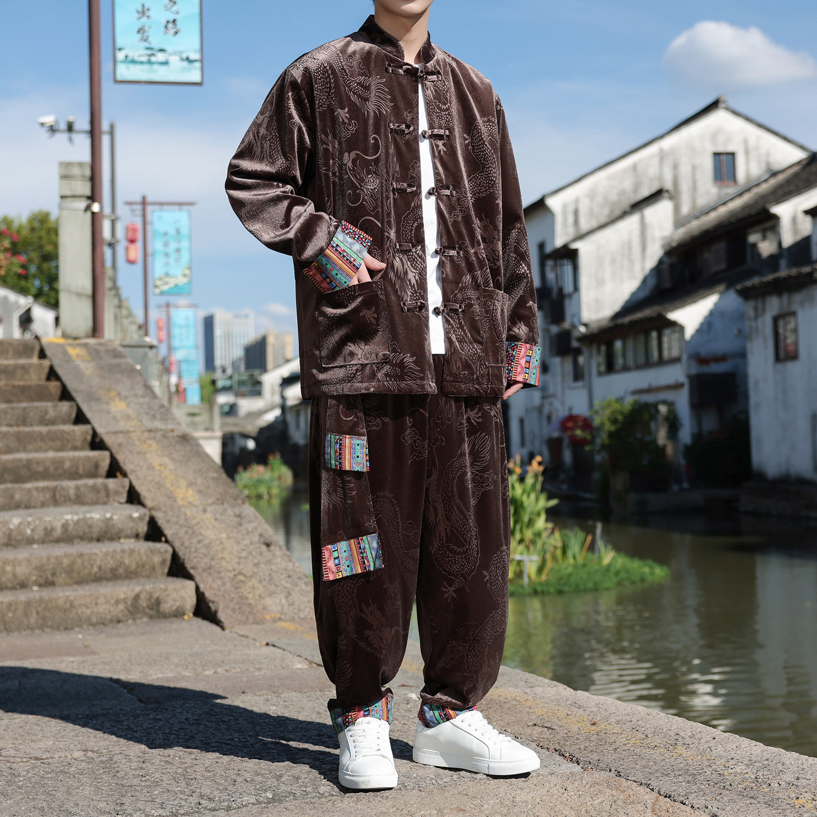 新中式D民族风金丝绒龙纹夹克舞蹈阔腿裤套装男TZ175-P143控168,男装休闲套装,电商A005