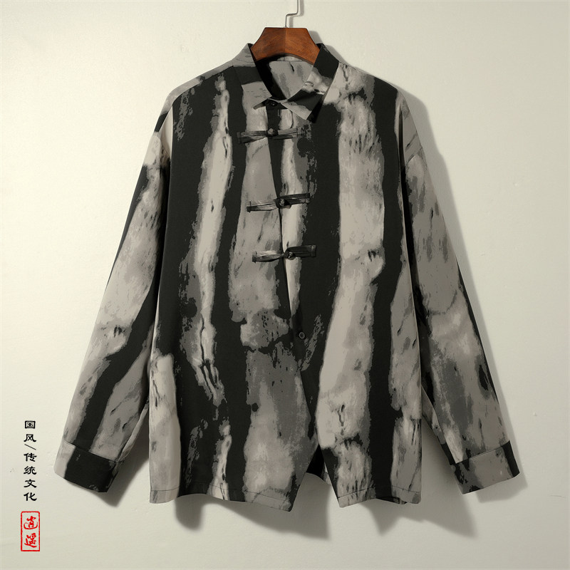 新中式风A冰丝水墨扎染渐变条纹盘扣小众衬衫t恤男CS18-P68控88图片