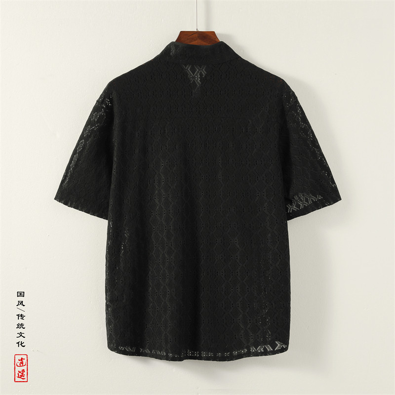 新中式K盘扣小众镂空设计透气冰丝菱形纹短袖衬衫男CS53-P68控88,男装T恤,电商A005