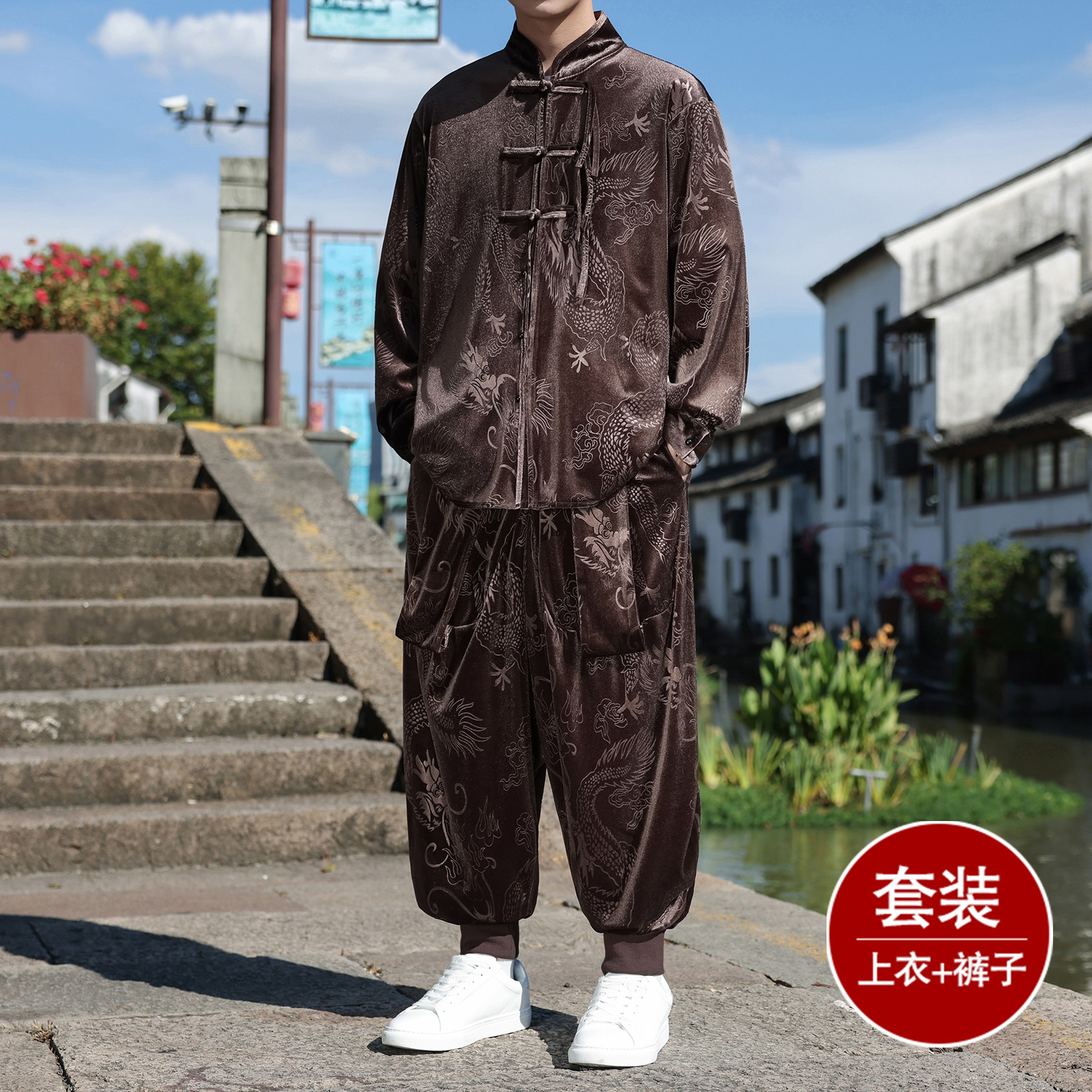 新中式F盘扣龙纹金丝绒外套男哈伦裤飞鼠裤套装男TZ182-P136控158,男装休闲套装,电商A005
