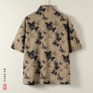 新中式J盘扣短袖衬衫男改良汉服唐装蝴蝶印花外套CS56-P65控88图片