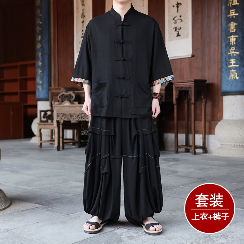 风A拼色棉麻衬衫外套折褶小众阔腿裤套装男TZ169-P153控178,男装休闲套装,电商A005