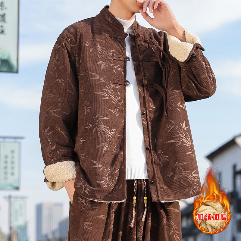 新中式F盘扣树叶暗花灯芯绒羊羔毛夹克棉衣外套男JK17-P135控158，男装夹克，电商A005