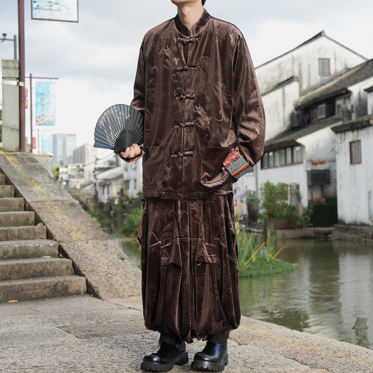 新中式B民族风金丝绒龙纹夹克折褶阔腿裤套装男TZ176-P153控178,男装休闲套装,电商A005