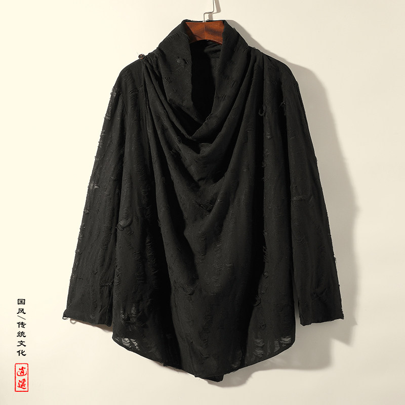风M暗黑小众设计乞丐破洞高堆领不规则风衣t恤F02-P68控88图片