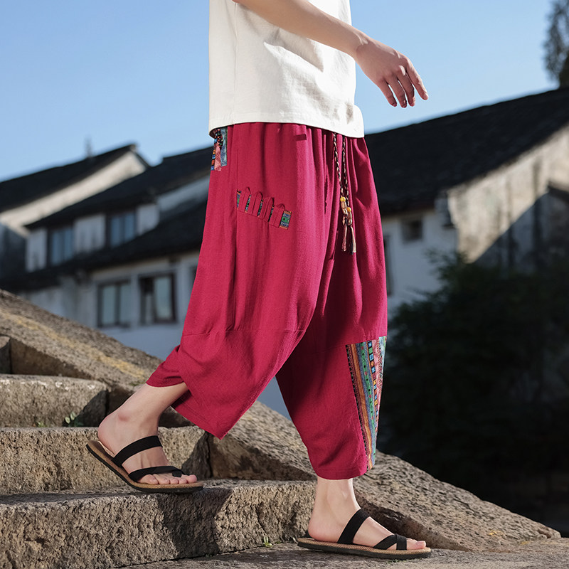 民族风O新中式棉麻宽松大裤裆阔腿裤七分萝卜裤男DK221-P68控88，男装休闲裤，电商A005