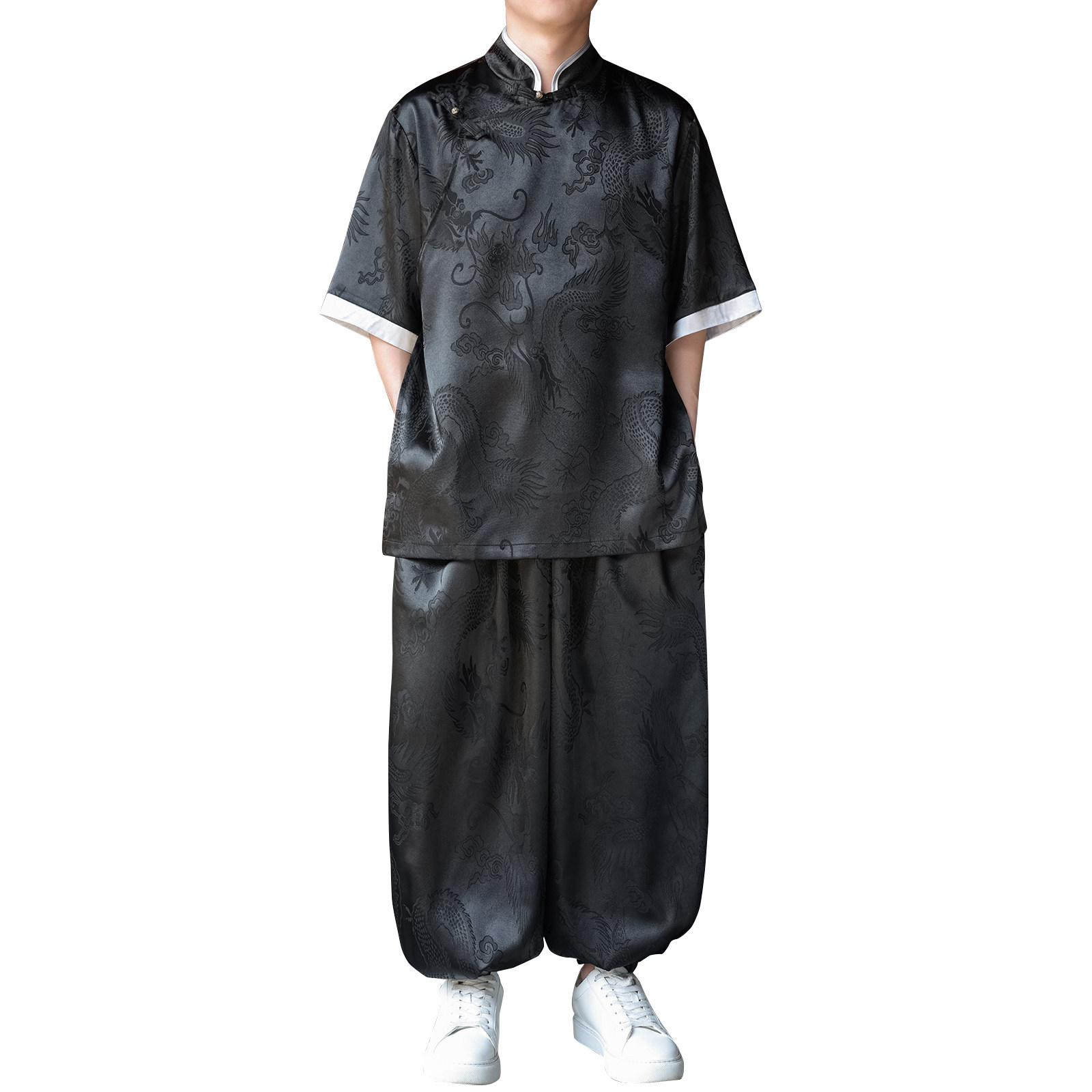 风F盘扣暗花龙纹冰丝中山装衬衫萝卜裤套装男TZ160-P120控148,男装休闲套装,电商A005