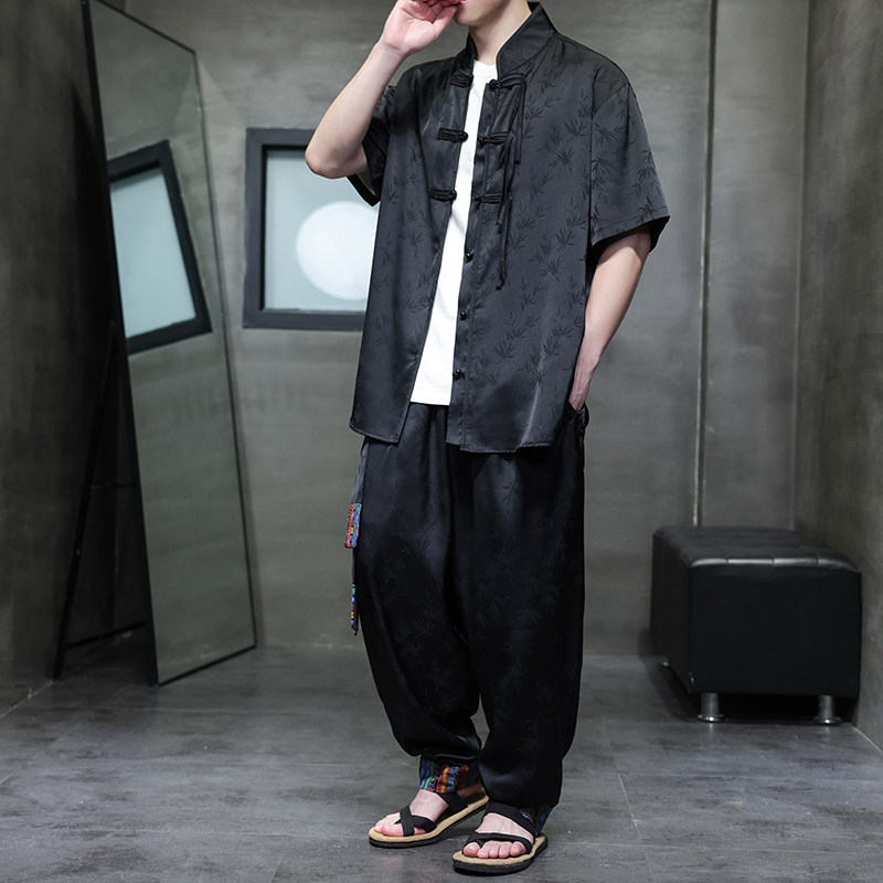 风C树叶暗纹提花冰丝短袖衬衫男飞鼠裤套装男TZ171-P136控158,男装衬衫,电商A005