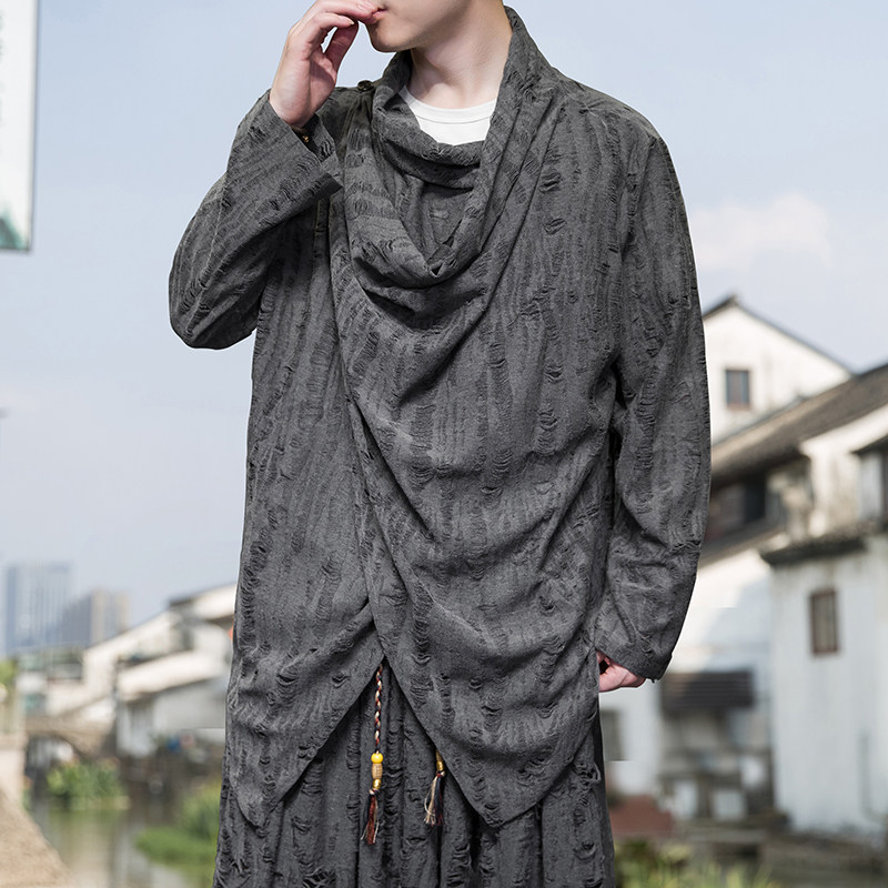 风H暗黑小众设计乞丐破洞高堆领不规则风衣t恤F02-P68控88，男装风衣，电商A005