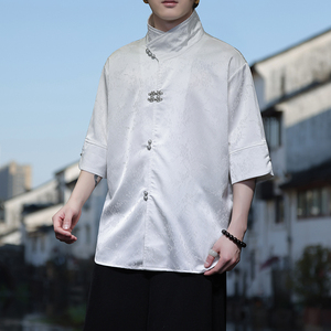 新中式风O缎面提花暗纹立领小众冰丝金属扣衬衫男CS32-P78控98，男装衬衫，电商A005