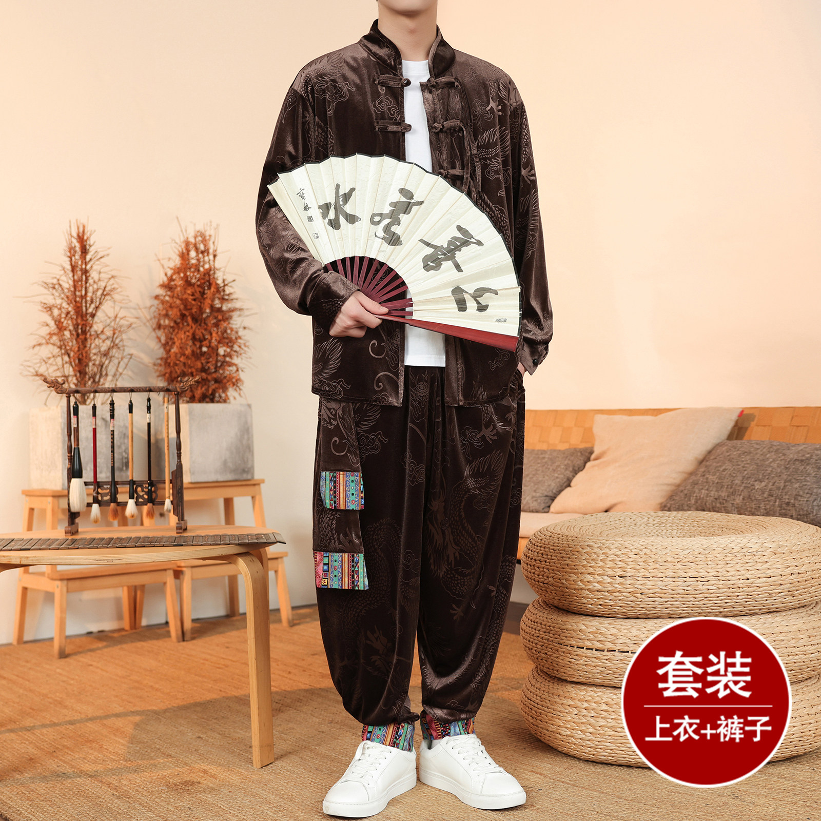 新中式I盘扣龙纹暗花金丝绒夹克舞蹈阔腿裤套装男TZ180-P136控158图片