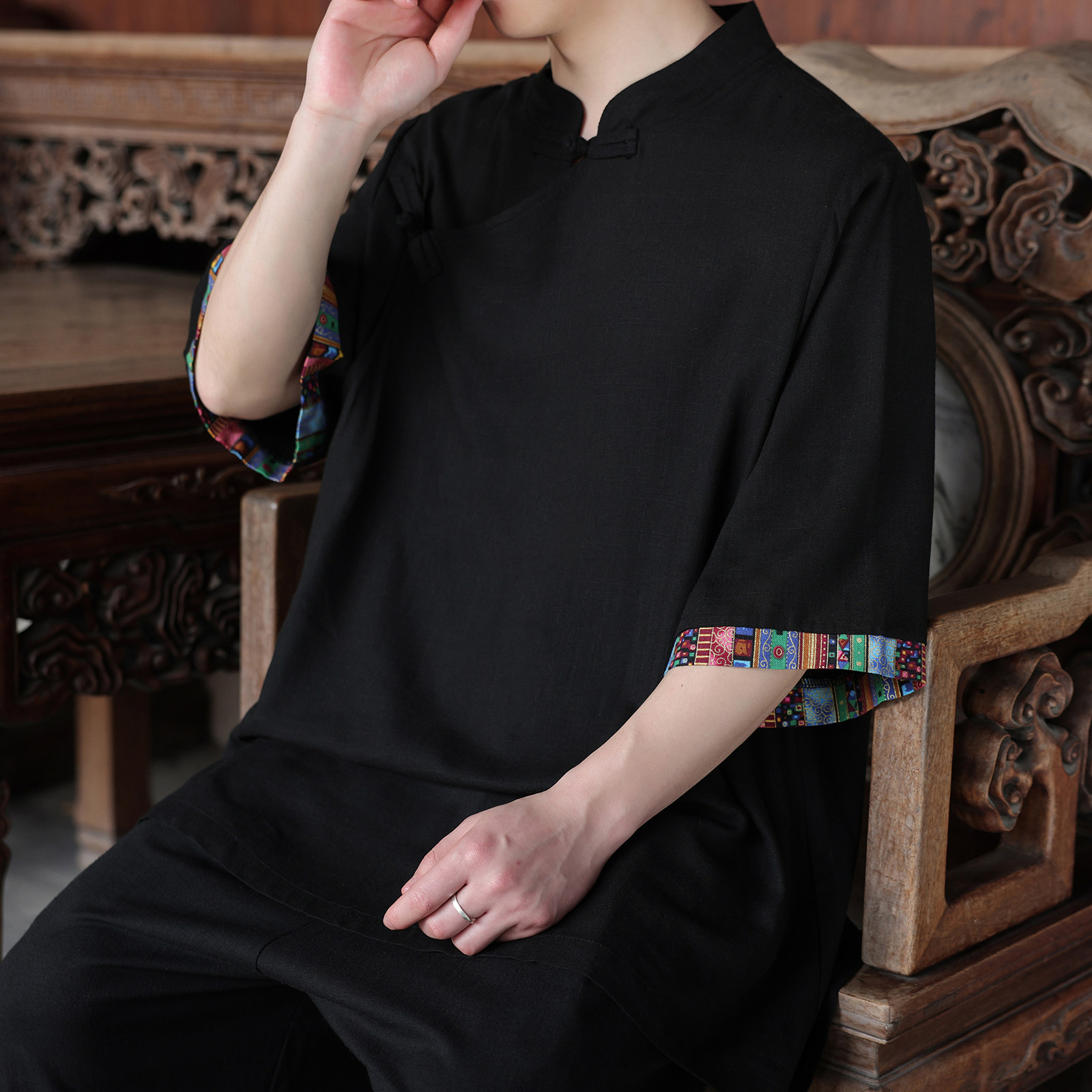 新中式I风斜襟盘扣亚麻拼色中山装中袖衬衫外套CS73-P68控88,男装衬衫,电商A005