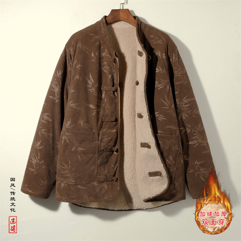 新中式L树叶灯芯绒羊羔毛加绒加厚双面穿棉服夹克JK15-P135控158,男装夹克,电商A005