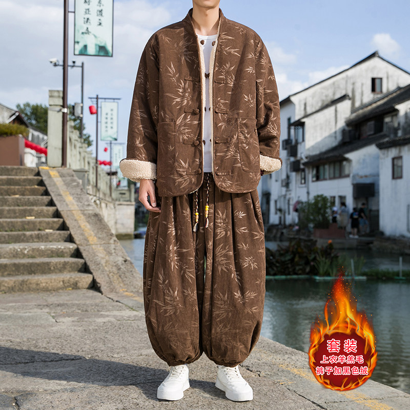 羊羔毛M加绒加厚双面保暖夹克树叶灯芯绒套装男TZ138-P223控258图片