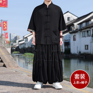 风M拼色棉麻衬衫外套折褶小众阔腿裤套装男TZ169-P153控178图片