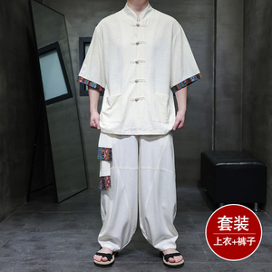 民族风L盘扣亚麻衬衫民族风棉麻阔腿裤套装男TZ163-P163控188图片