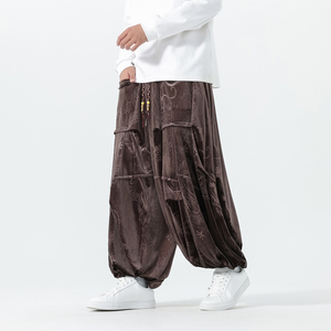 新中式I风金丝绒龙纹垂感折褶小众设计阔腿裤男K258-P78控98