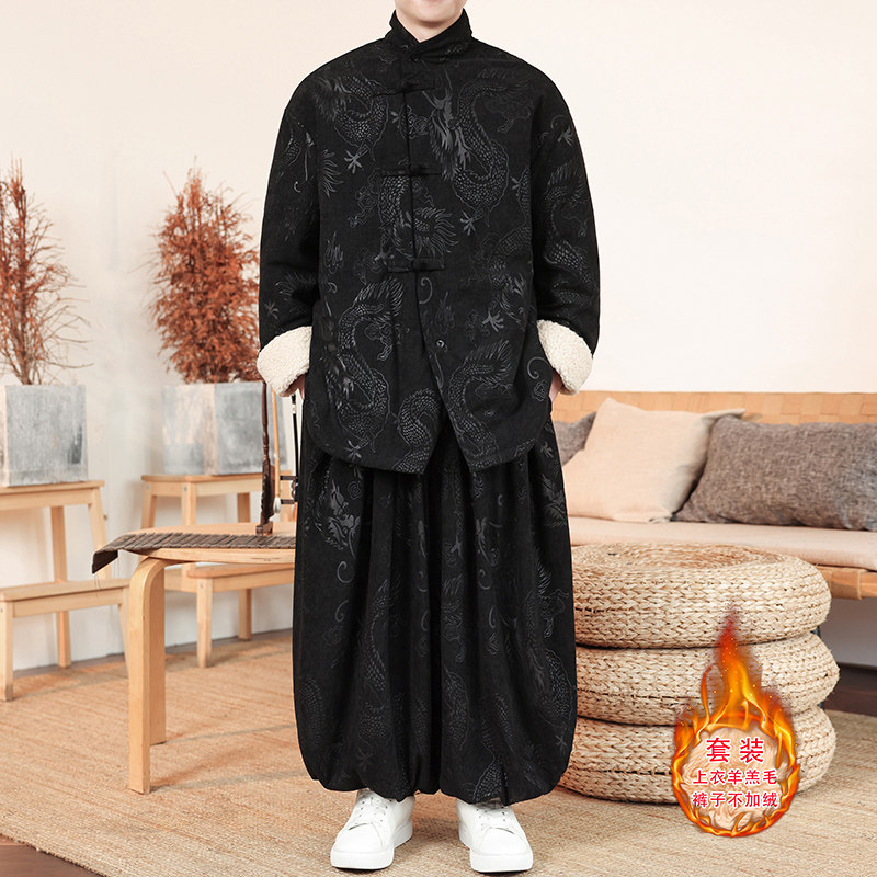 新中式Y龙纹灯芯绒羊羔毛夹克棉衣服保暖套装男TZ131-P203控228,男装夹克,电商A005