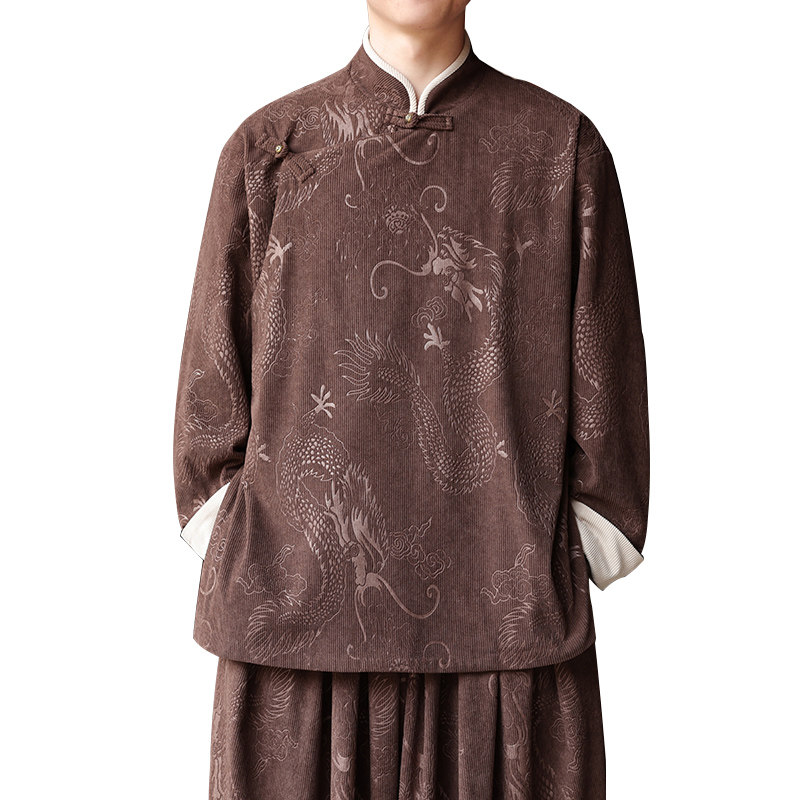 新中式T斜襟盘扣龙纹灯芯绒中山装立领夹克外套男JK20-P105控138,男装夹克,电商A005