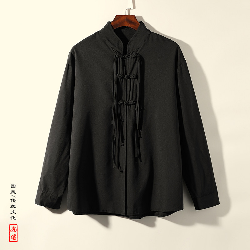 风I暗黑小众设计冰丝盘扣不规则个性黑色衬衫CS10-P65控88图片
