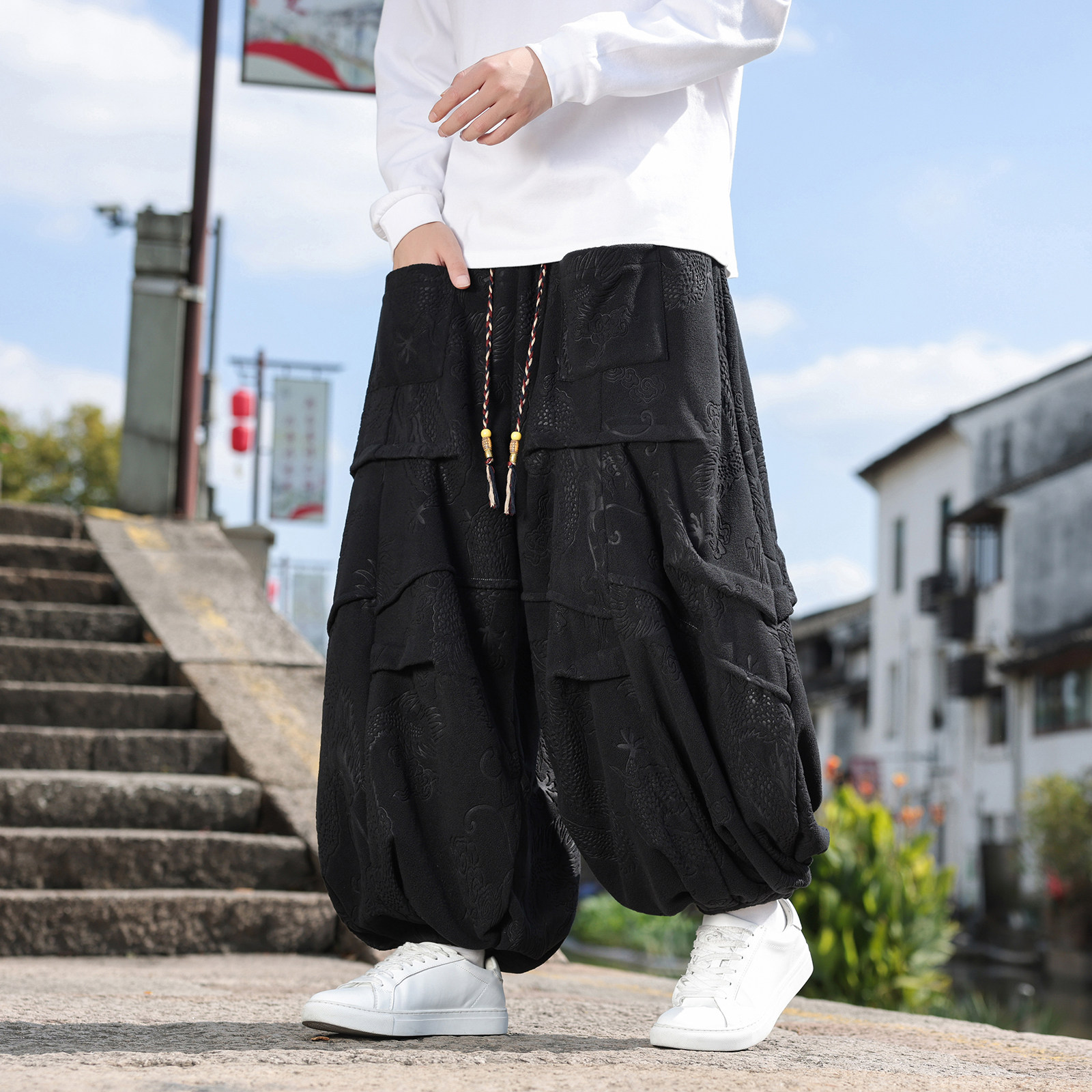 新中式J风奥利绒羊羔绒龙纹折褶设计感阔腿裤男K263-P78控98,男装休闲裤,电商A005