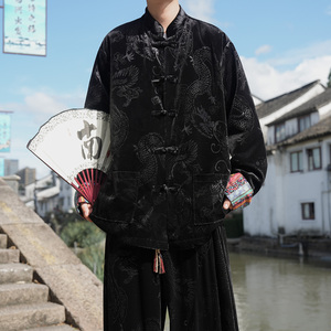 新中式J拼色民族风盘扣金丝绒龙纹衬衫夹克外套男JK26-P75控88图片