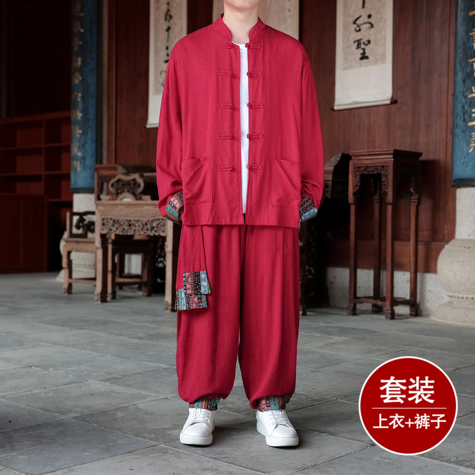 风R盘扣亚麻棉麻衬衫夹克外套大裤裆套装男TZ136-P150控178,男装夹克,电商A005