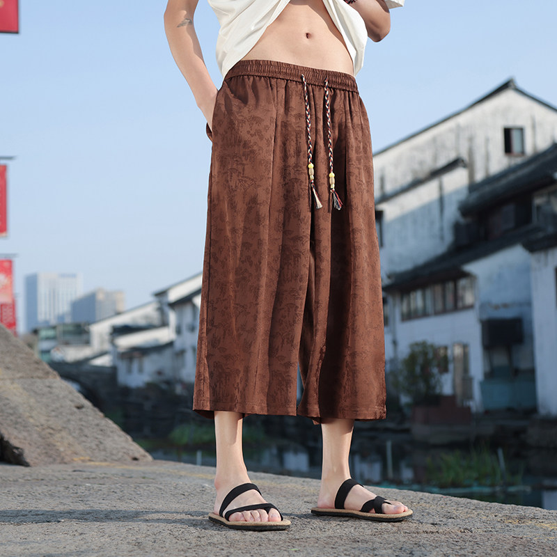 新中式E风群山树叶印花冰丝透气直筒七分裤男DK178-P58控78，男装牛仔裤，电商A005