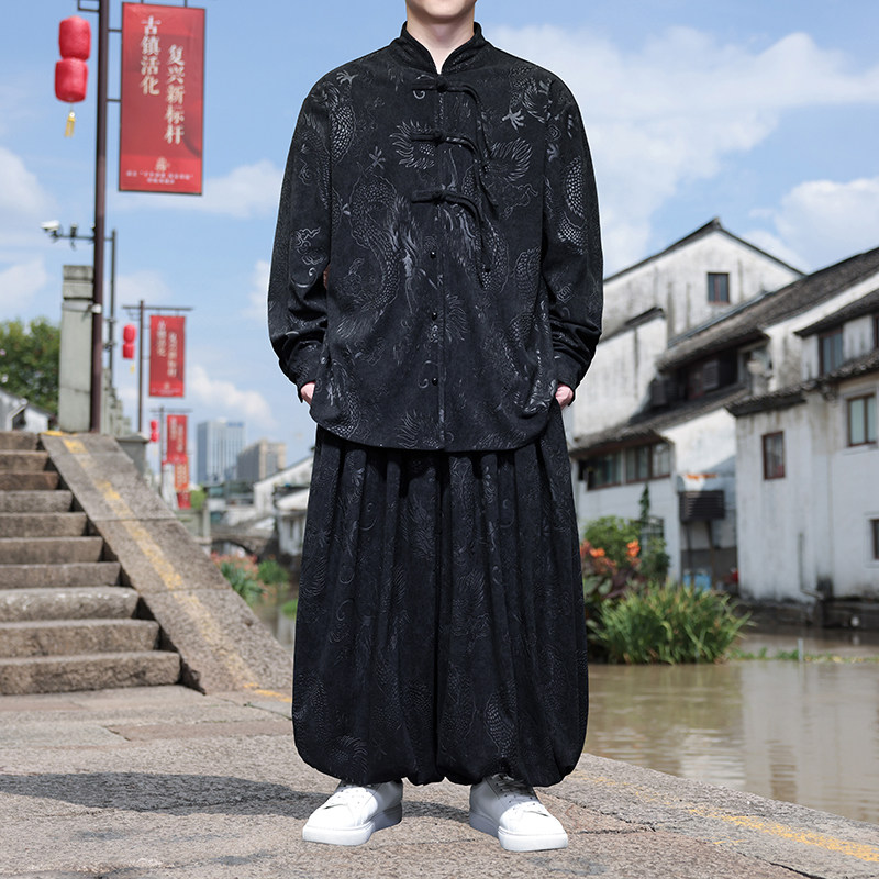 风V盘扣龙纹暗花灯芯绒衬衫夹克阔腿裤套装男TZ122-P136控158图片
